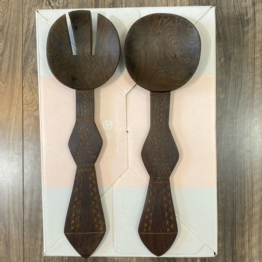 Vintage Rustic Hand Carved Wood Salad Servers Fork and Spoon 12” long